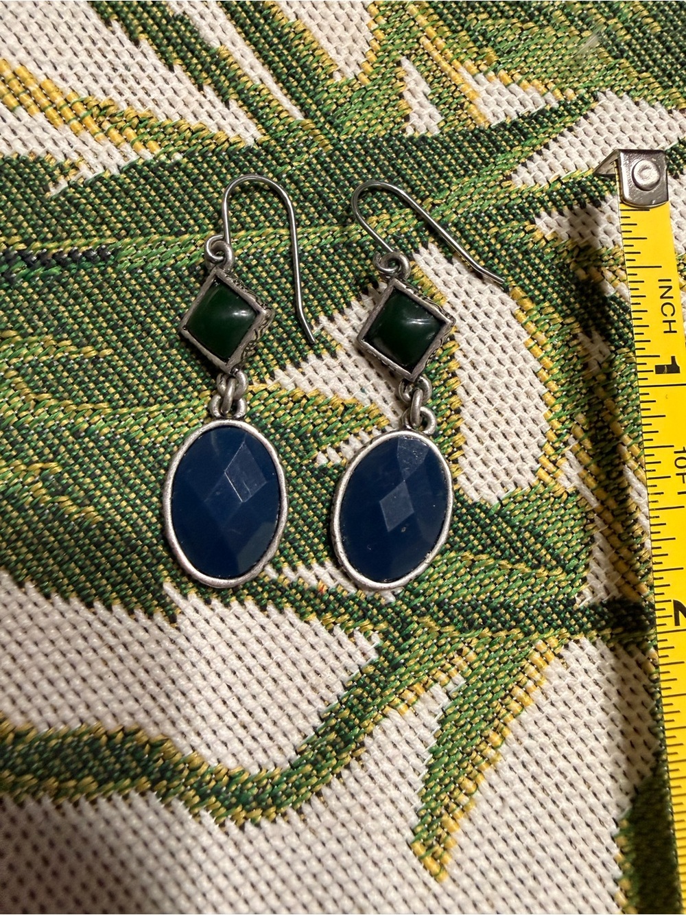 Silver Drop Earrings with Navy and Forest Green Stones